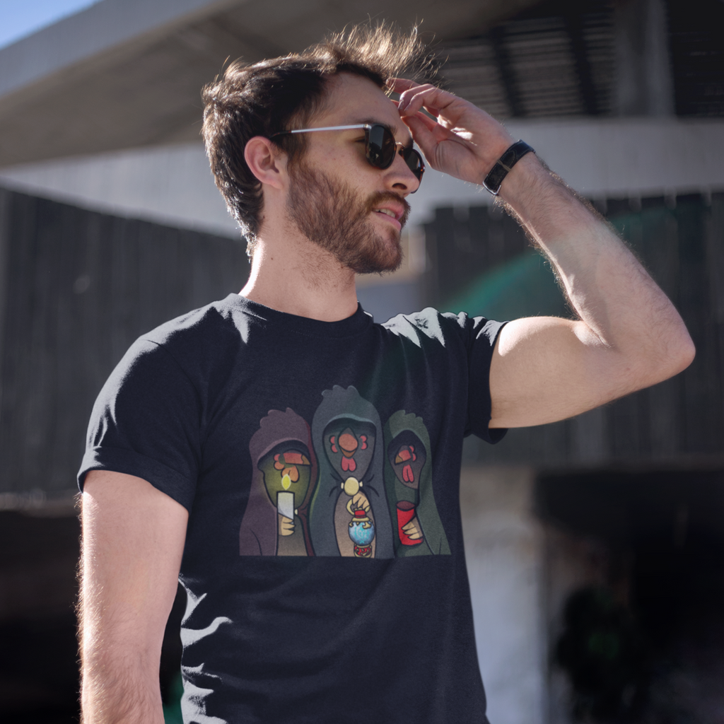 a man with a beard and sunglasses, wearing a black tshirt with the chickens of DNAC from Mother0fChickens