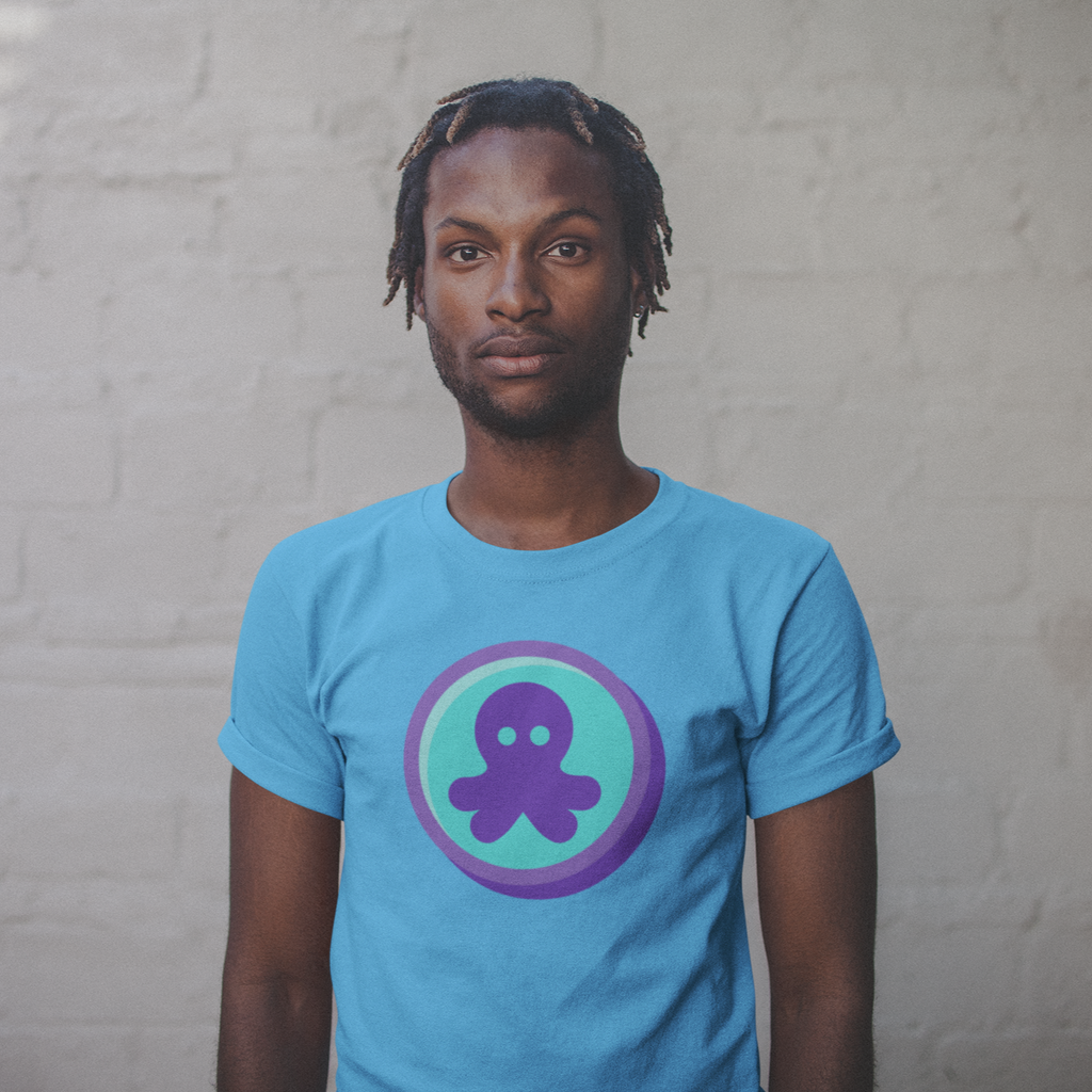 Man wearing blue t-shirt with Tenticoin design
