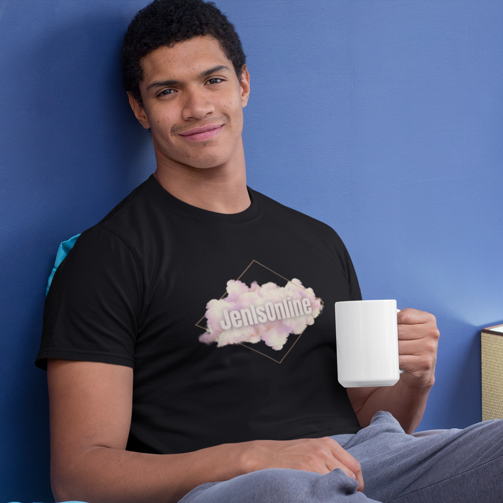 a man relaxing with a coffee mug, wearing a black tshirt with the new cloud logo from JenIsOnline