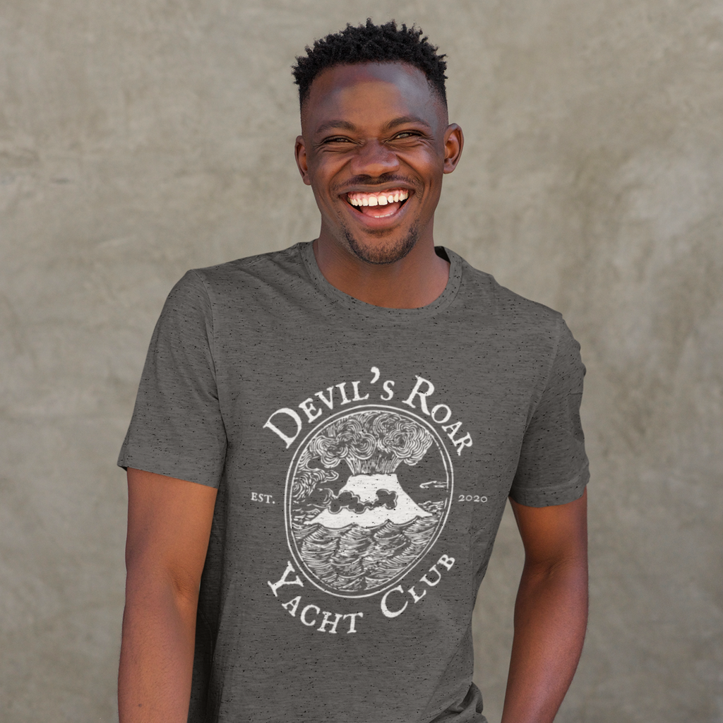 a man laughing wearing a heather grey tshirt with the Devil's Roar Yacht Club design from capt_marc