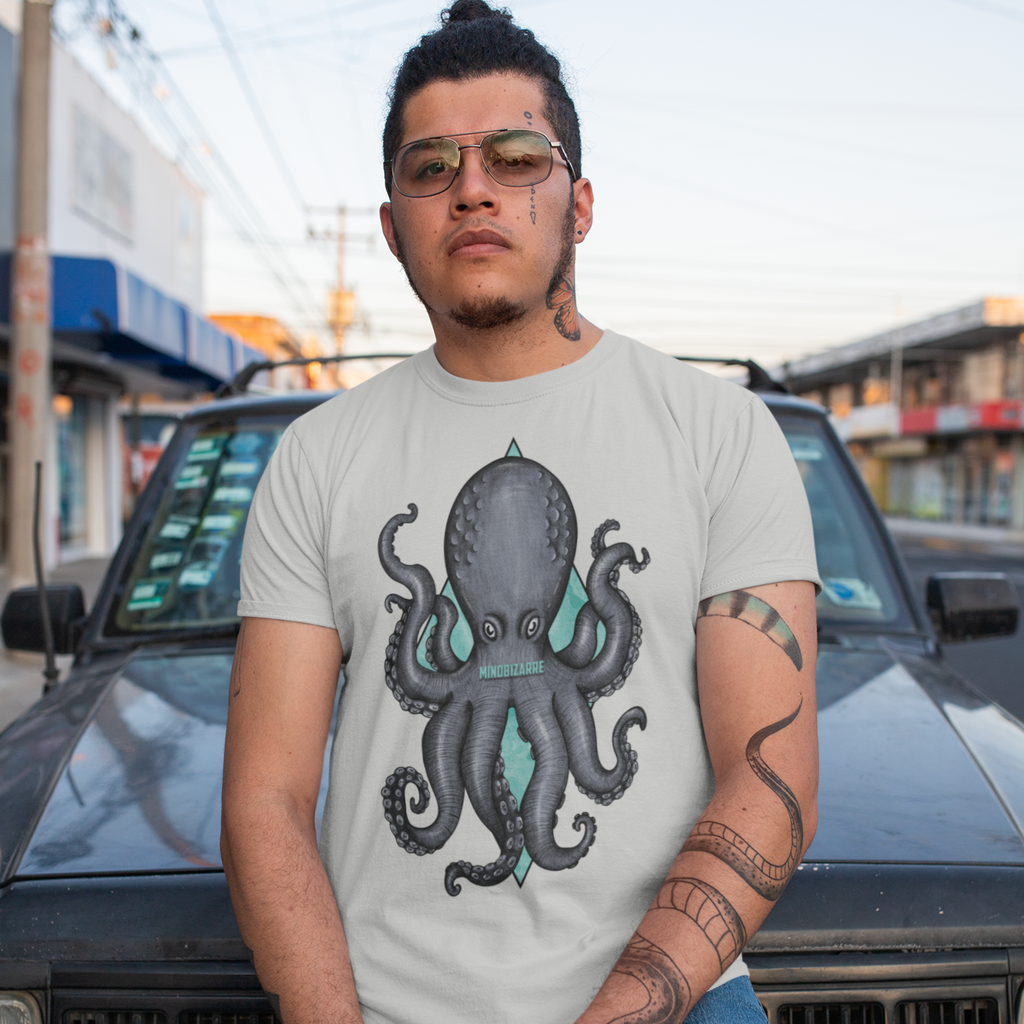 Man wearing grey short-sleeve tee with octopus design