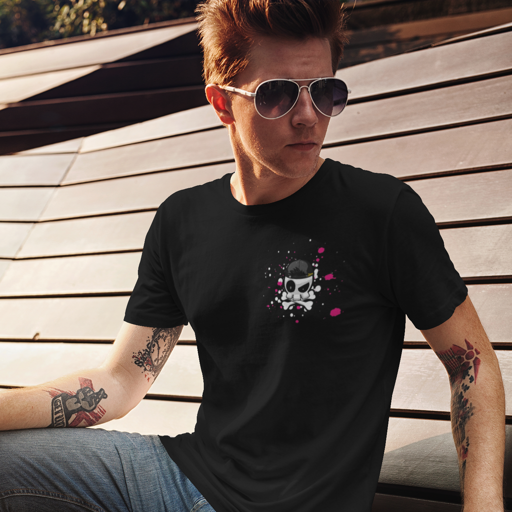 a man with sunglasses wearing a black tshirt with the skull splat design from SlamDannigan