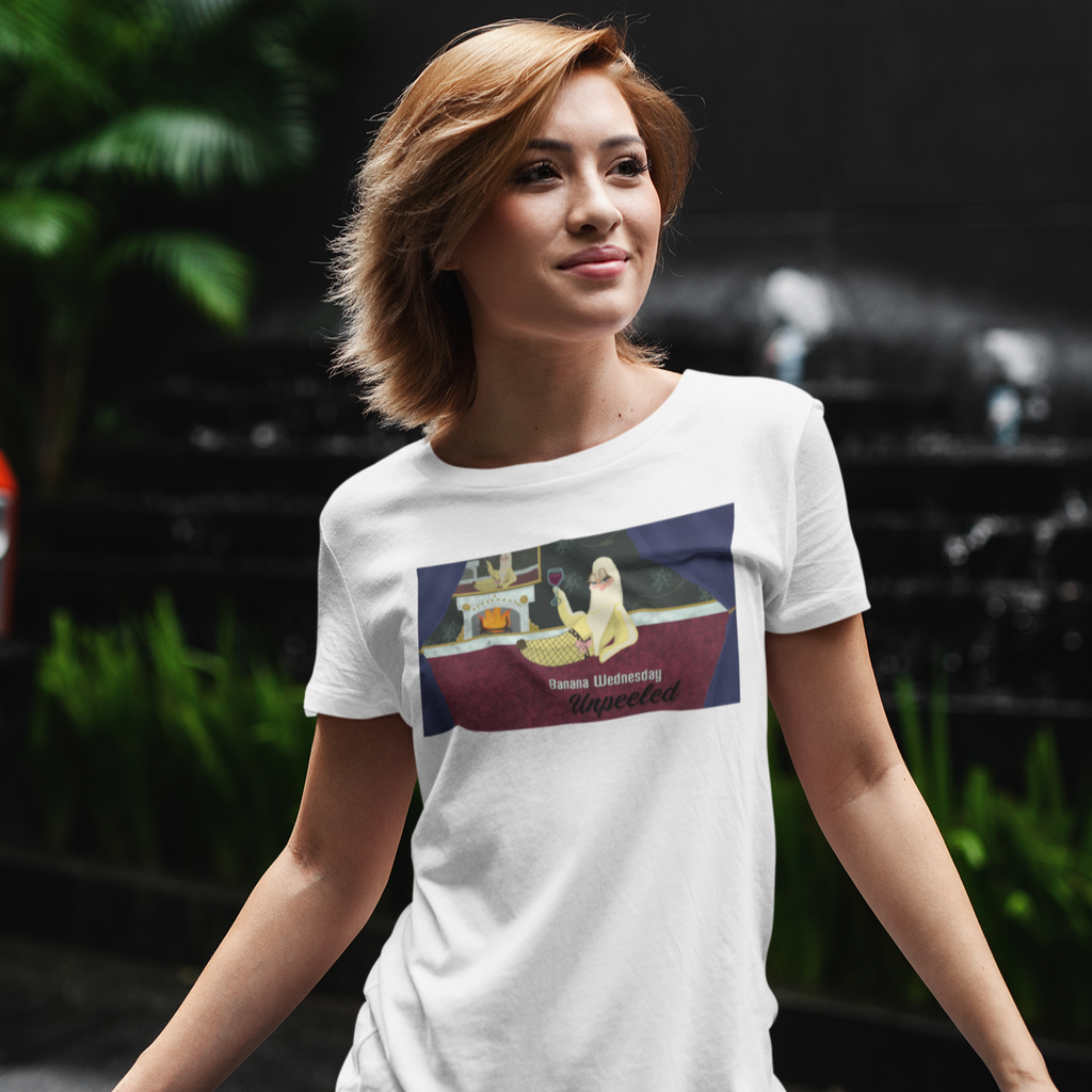 Woman wearing white short-sleeve tee with Banana After Dark design