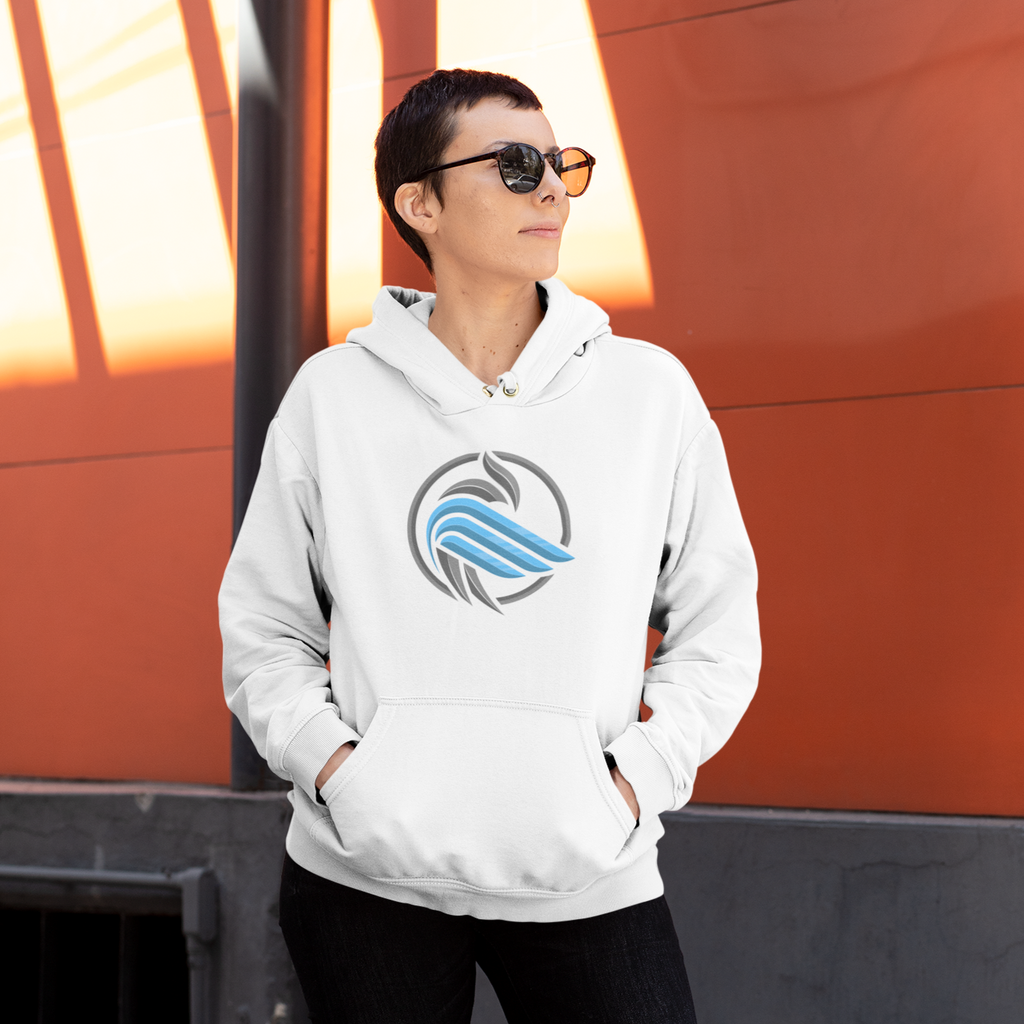 A woman wearing a white hoodie with the sparrow coin design from aBlackSparrow