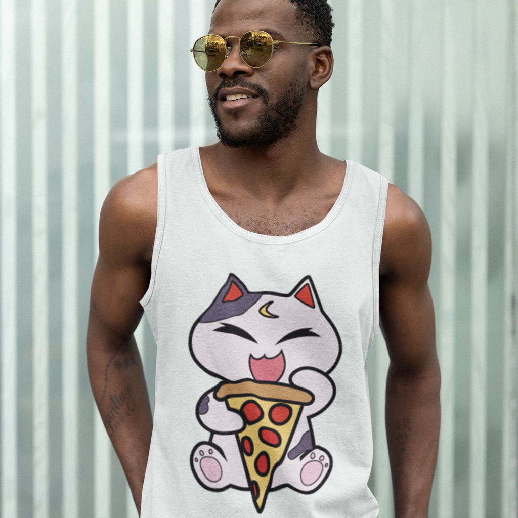 Man wearing white tank top with Lucky Cat design