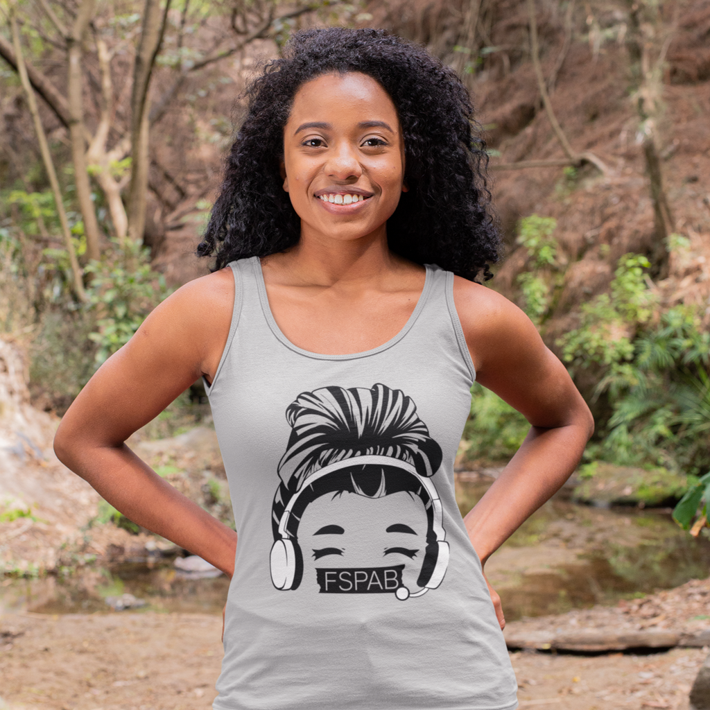 woman in the woods wearing a calyxcreative FSPAB tank top