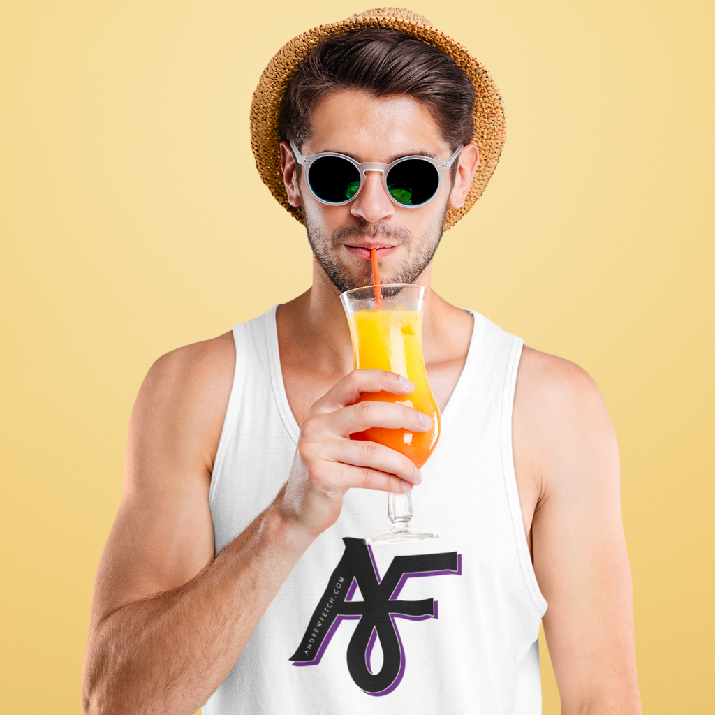 a man drinking a fruity drink, wearing a white tank top with the AF loop design