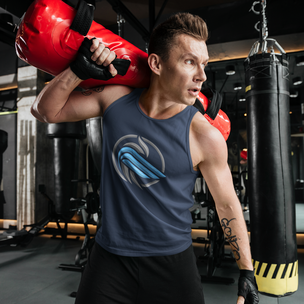 A man a the gym holding weights over his shoulder and wearing a navy tank top with the sparrow coin design from aBlackSparrow.
