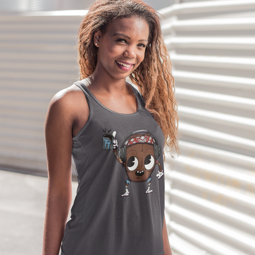 a woman wearing a tanktop with the bean boy design from TwoTapTroop