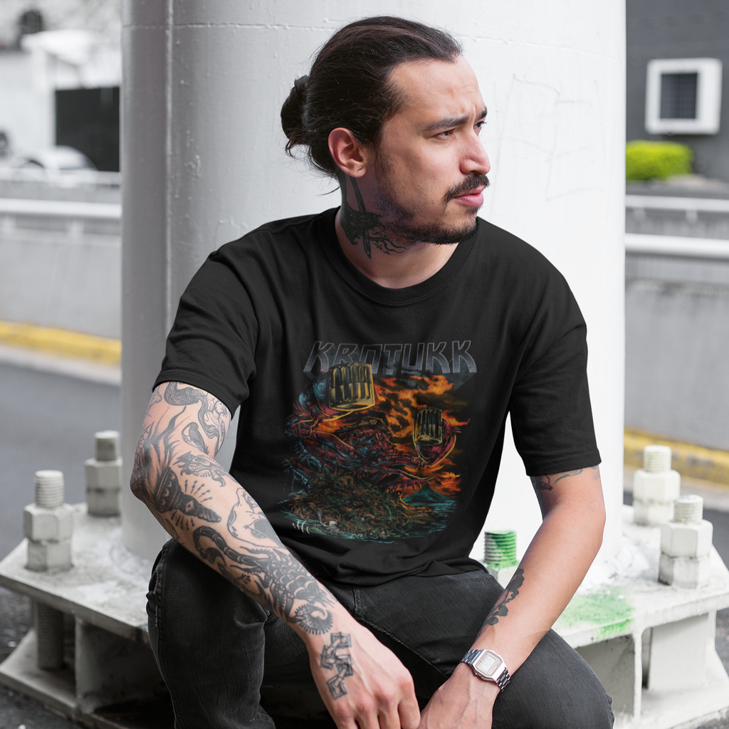 Man wearing black short-sleeve tee with Party Crab design