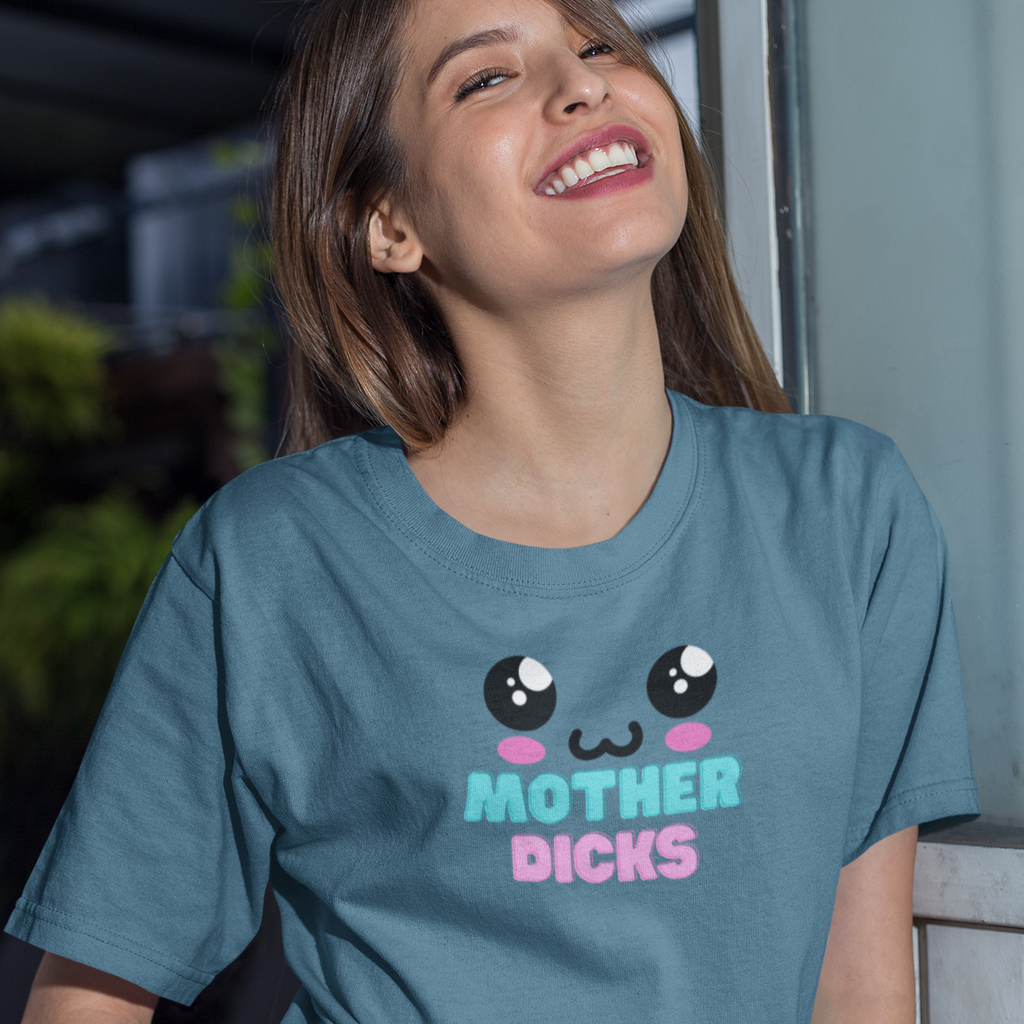 Woman wearing blue short-sleeve tee with Mother Dicks design