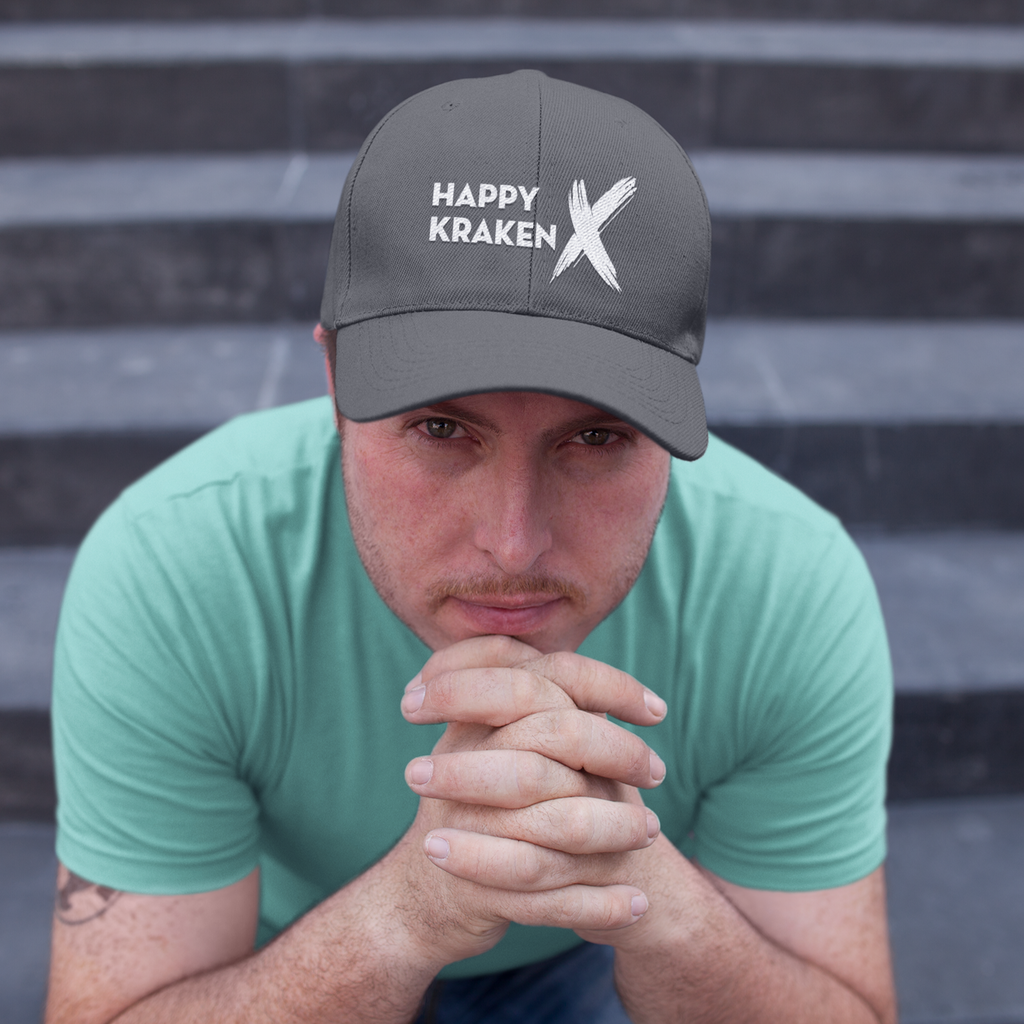 Guy wearing grey hat w/ HappyKrakenX design